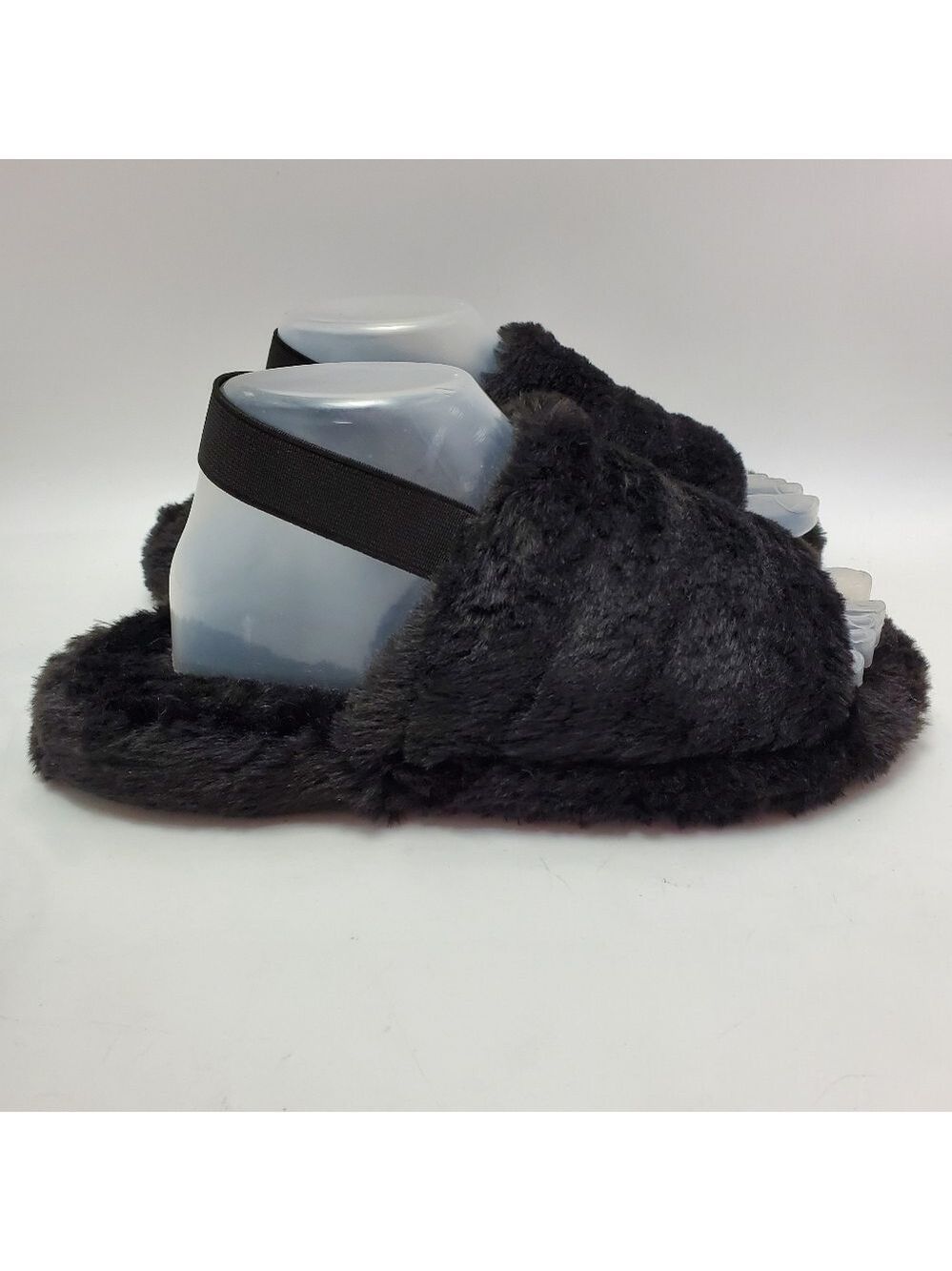 Cozy Fluffy Mule Sling Back Elastic Strap Faux Fur Slippers Black Size Medium